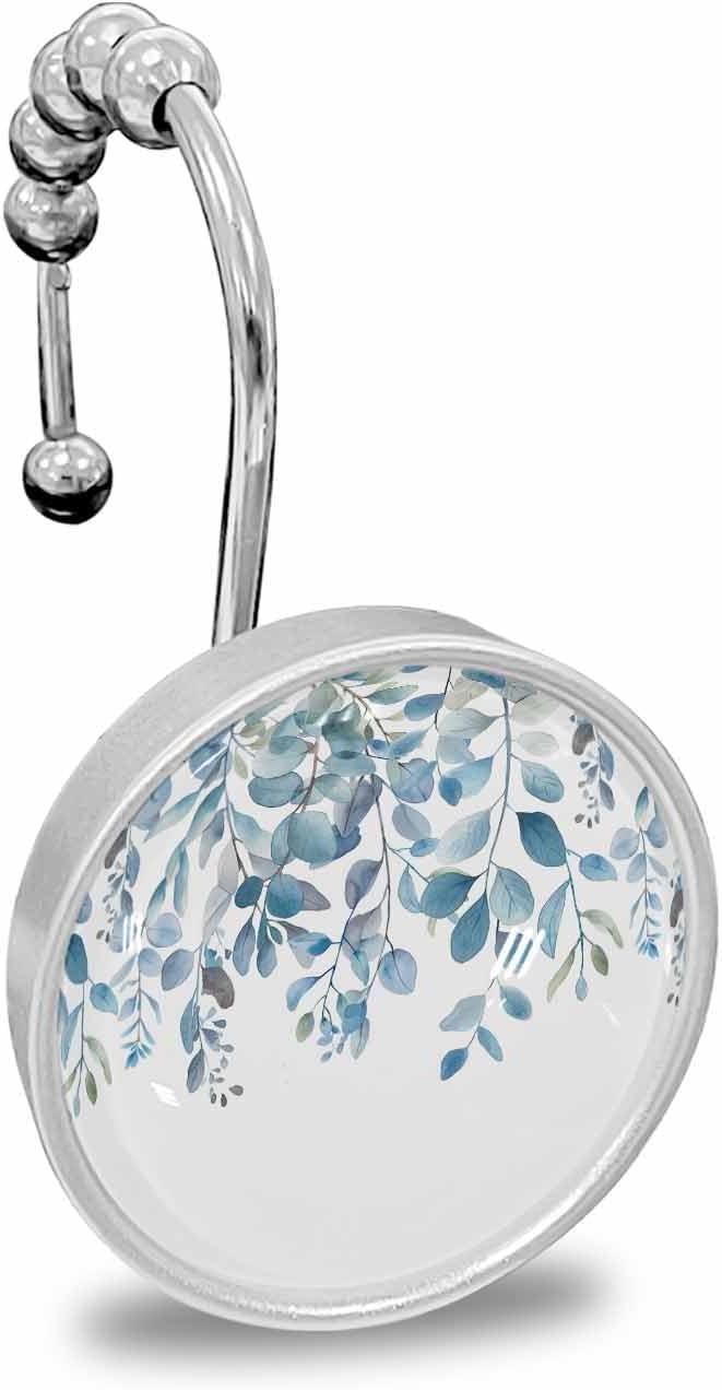 Shower Curtain Hooks 12 Pcs Plants Eucalyptus Leaves Blue Natural Stainless Steel Rust Proof Rolling Shower Curtain Rings, Decorative Shower Curtain Hooks Hangers for Bathroom