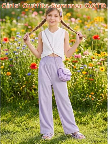 Image of Girls' Clothing Sets Sleeveless Bow Crop Top Wide Leg Linen Pants 2026 Summer Outfits Cute Kids Clothes