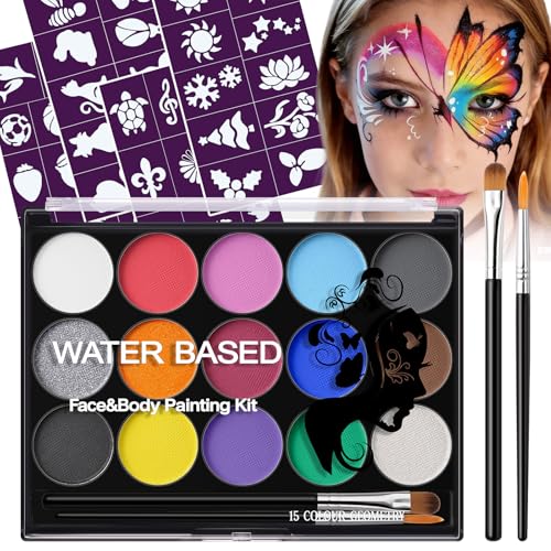 Face Painting Kit, Non-toxic Water Based Face Paint Makeup Set with 15 Vibrant Colors, Safe for Sensitive Skin, Ideal Gift for Halloween, Easter, Game Day, Theme Parties