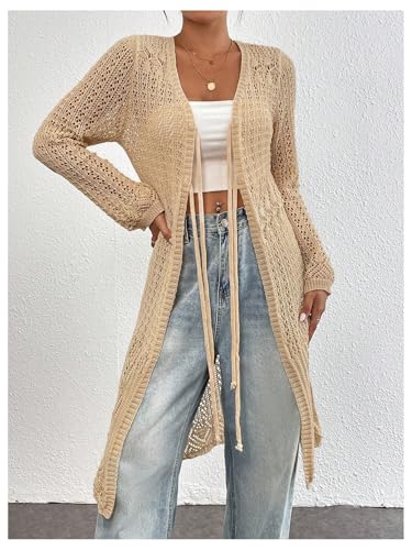 MakeMeChic Women's Long Sleeve Crochet Tops Hollow Out Knitted Cardigan V Neck Tie Front Long Outerwear4