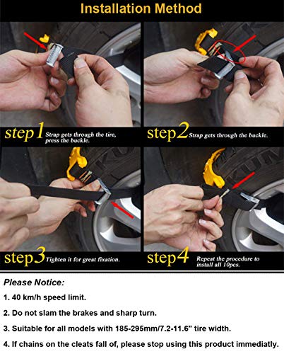 BiBOSS Snow Chains 10 Pcs Anti Slip Tire Chains Adjustable Security Emergency Car Tire Chains Fit for Most Car SUV Truck Vans,185-295mm/7.2-11.6''