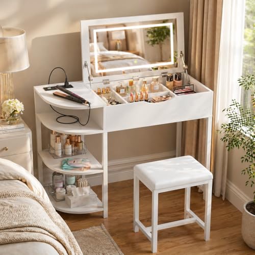 Cyclysio Vanity Desk with Flip Top Mirror and Lights Makeup Vanity Desk with Drawers Dressing Table with Storage Shelves & Charging Station Small Vanity for Small Spaces White