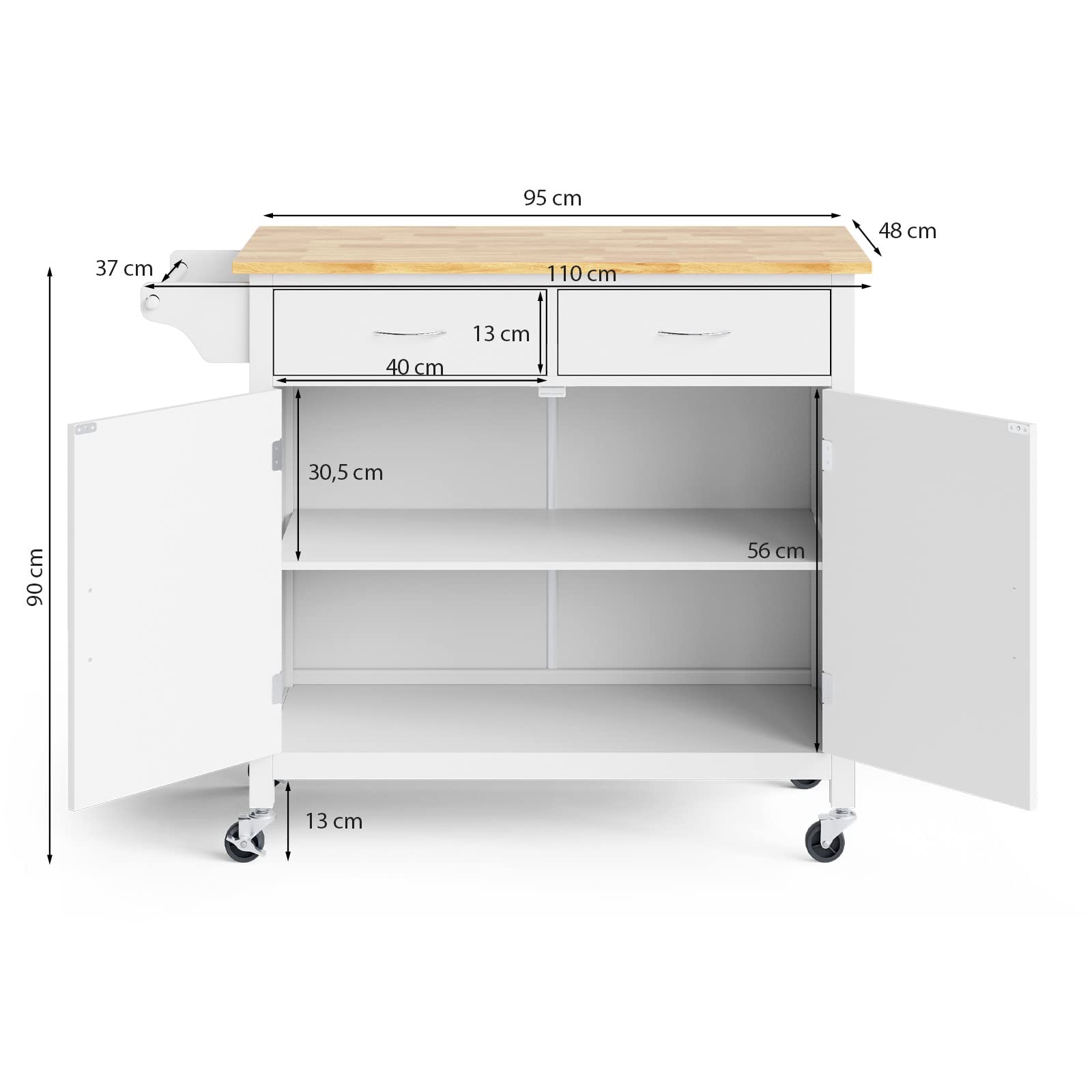 GIANTEX Küchenwagen Mit Rädern – 100x38x87 Cm, Mit Türen, Regalen & Handtuchhalter, Weiß