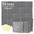 Focusound 52 Pack Grey Acoustic Foam Panels 1" x 12" x 12" Sound Proof Foam Panles Soundproofing Noise Cancelling Wedge Panels for Home Office Recoding Studio with 300PCS Double-Side Adhesive