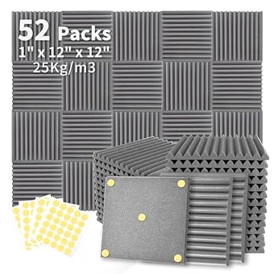 Focusound 52 Pack Grey Acoustic Foam Panels 1" x 12" x 12" Sound Proof Foam Panles Soundproofing Noise Cancelling Wedge Panels for Home Office Recoding Studio with 300PCS Double-Side Adhesive