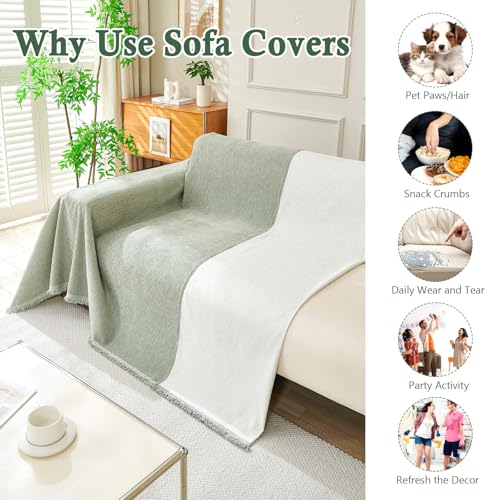 TAOTAOGO Sofa Cover 2 3 Seater Chenille Corner Sofa Slipcover Washable L Shape Sofa Covers Sectional Couch Cover with Tassel Furniture Protector for Pet Loveseat Futon Cover F Green 180x300cm - Image 4