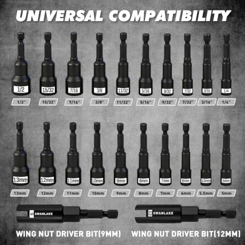 Image of 22-Piece Magnetic Nut Driver Set, Metric & SAE (5-13mm & 3 /16 inch-1 /2 inch), 1 /4 inch Hex Shank Impact Bit Set, Wing Nut Driver Bits, Magnetic Aluminum Storage Rail