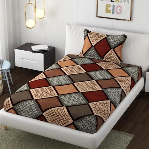 Image of Premium Heavy Cotton Elastic Fitted Bedsheets with 1 King Size Pillow Covers | Single Bed with All Around Elastic 350 TC | 36 x 78 x 6 Inch Single Size Fitted | - Multi Box