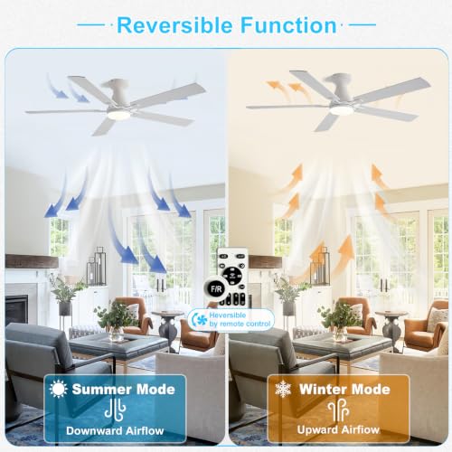 Image of Depuley Modern Ceiling Fan with Light: 52-Inch White Flush Mount Fandelier | Bedroom Indoor Outdoor Use, 5 Reversible Wood Blades, 6 Fan Speeds, Timing Function, Dimmable 3CCT, Remote Control Included
