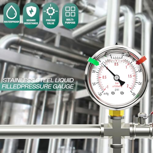 Image of Glycerin Filled Vacuum Pressure Gauge-30-30psi Stainless Steel 1 /4 inch NPT 2.5 inch Dial, for LowerMounting Designed for Pressure Testing of Water, Oil and Air (with Range Mark Pointer)