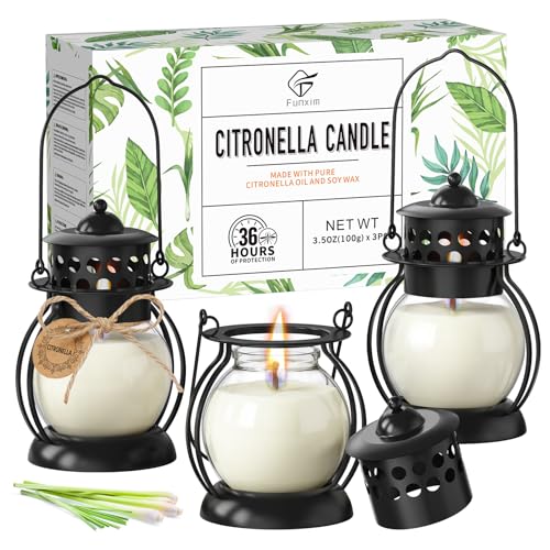 Citronella Candles Outdoor 3 Pack DEET-Free Soy Wax Candles with Upgraded Metal Lantern Design Long Burning Lemongrass Candles for Patio Garden & Backyard Decor
