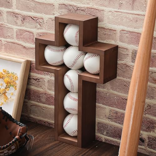 Image of Teenyyou Baseball Holder for 7 Balls, Walnut Wall Display Wooden Shadow Box