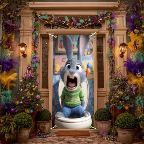 Image of Easter Door Cover 35.43 x 70.87 Inch Funny Bathroom Bunny with Expressive Face Colorful Egg Accents and Playful Interior Scene for Seasonal Door Decoration and Spring Holiday Display