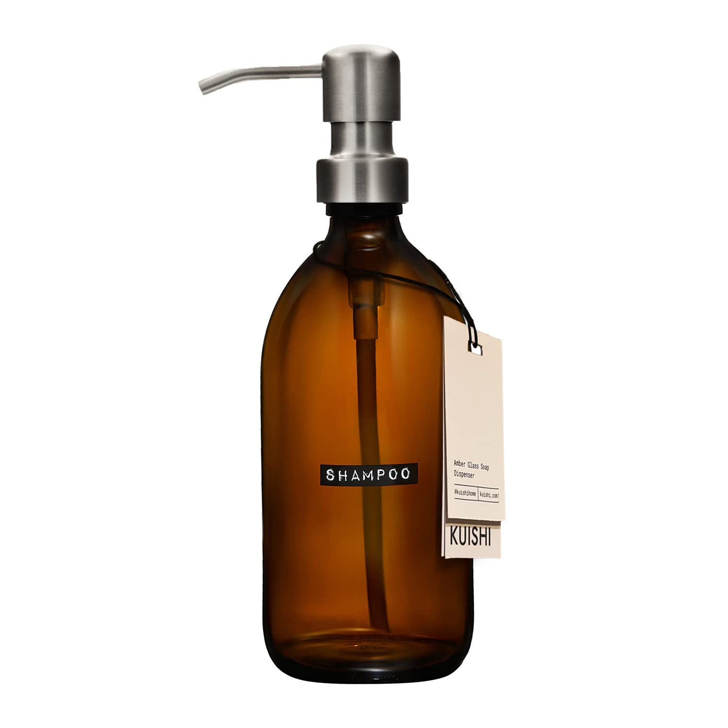 Kuishi Amber Glass Hervulbare Flessenset met print - Handwas, Body Wash, Shampoo, Conditionerflessen [Set van vier], 500ml bedrukte dispenser met bronzen roestvrijstalen pompen (BPA-vrij