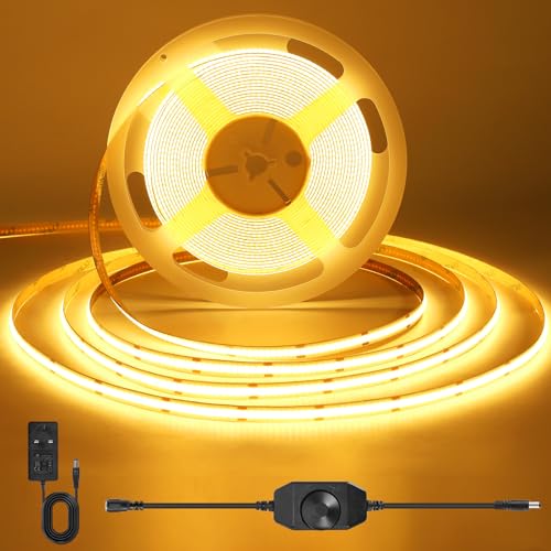 ACELUMO 3m COB LED Strip Warm White, Dotless Strip Light with Power Supply and Dimmer, CRI 92+, 8mm Width, Dimmable LED Strip for Interior Decoration and Ambient Illumination, 2700K