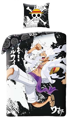 One Piece Parure de Lit Luffy Gear pour Lit 1 Place, Housse de Couette 140x200 cm avec Taie d'oreiller 63x63 cm, Imprimée Réversible, Noir et Blanc