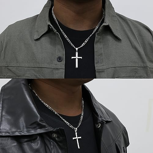 925 Sterling Silver Cross Necklace for Men Women with 4.5MM Stainless Steel Strong Durable Figaro Chain 18K White Gold Plated Crucifix Pendant Necklace Jewelry 16-28 Inches4