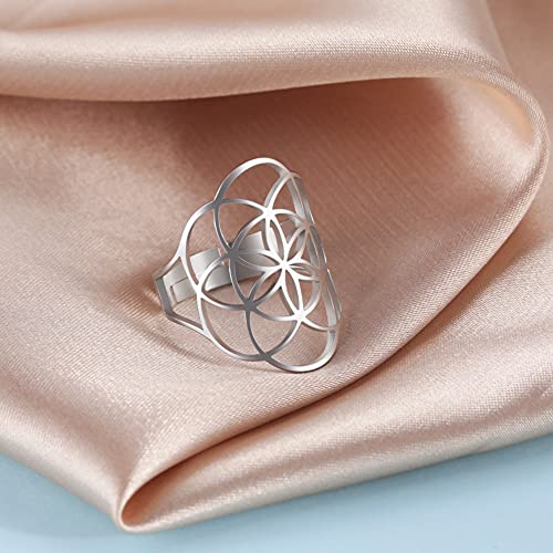 kkjoy Openwork Flower of Life Ring Stainless Steel Adjustable Open Finger Rings Promise Ring Jewelry Gift for Women Charming Ladies2