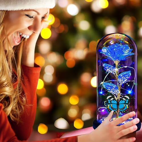 Image of Mothers Day Roses Flowers Gifts for Mom Women Wife,Mother Day Rose Gifts for Mom Women,Light Up Rose in A Glass Dome Butterfly Birthday Presents Wife Grandma from Daughter Blue