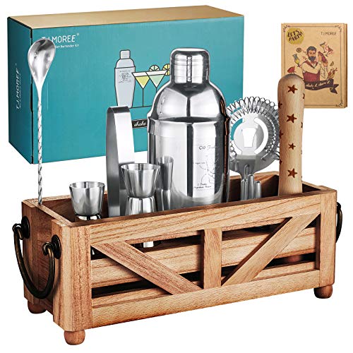 TJ.MOREE Kit de Camarero con Juego de Cóctel de 11 Piezas y Bandeja Rústica Decoración de bar para el Hogar Regalo de Inauguración de la casa Muddler de Madera con asa