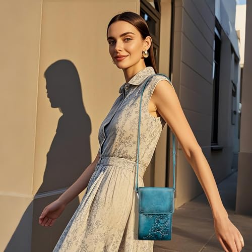 Image of Small Crossbody Bags for Women Trendy Vegan Leather Cell Phone Bag Embossed Flower Design Wallet Purses with Strap