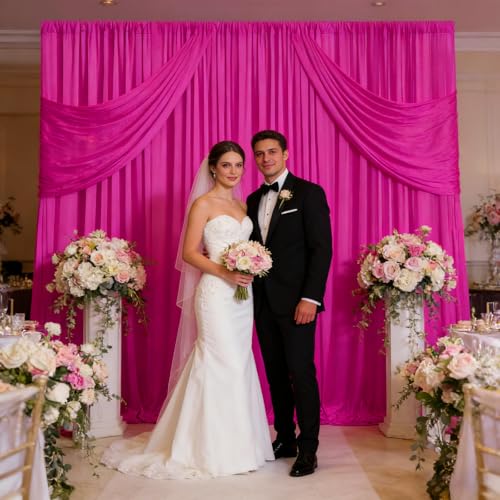 Image of 2 Panels Fluorescent Fuchsia Backdrop Curtain, 10 x 10 Feet Polyester Background Curtains for Parties, Weddings, Halloween, Christmas, Birthday Party Photoshoot Backdrop Curtains Decorations