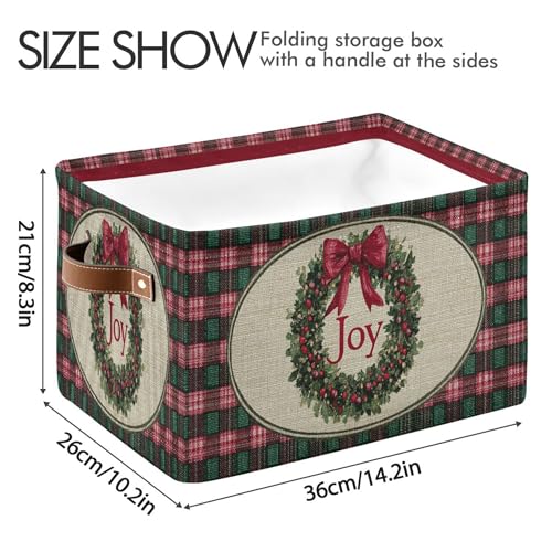 Image of Christmas Joy Wreath Bow Knot Storage Basket with Waterproof Liner and PU Handles Winter Poinsettia Buffalo Plaid Storage Bins Boxes 14.2 inch Collapsible Decorative Baskets for Bedroom Office 1 Pack
