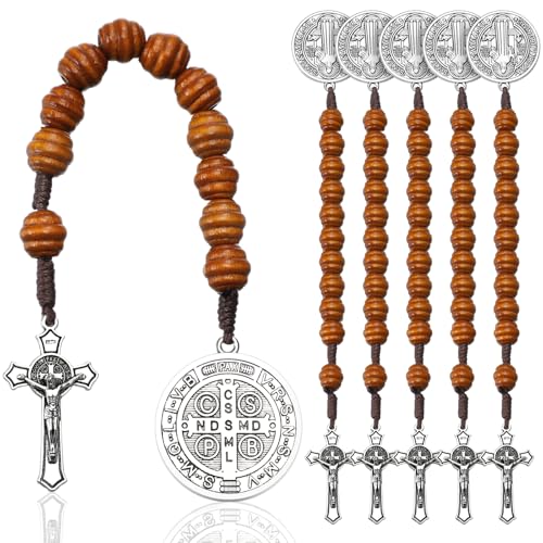 Kigeli 6 Pcs Saint Benedict Medal Prayer Pocket Rosary Catholic Gift for Men Women Bead Wood with Crucifix Christian Religious Gift Solid Wooden Prayer Chaplet with Cross Silver Jesus