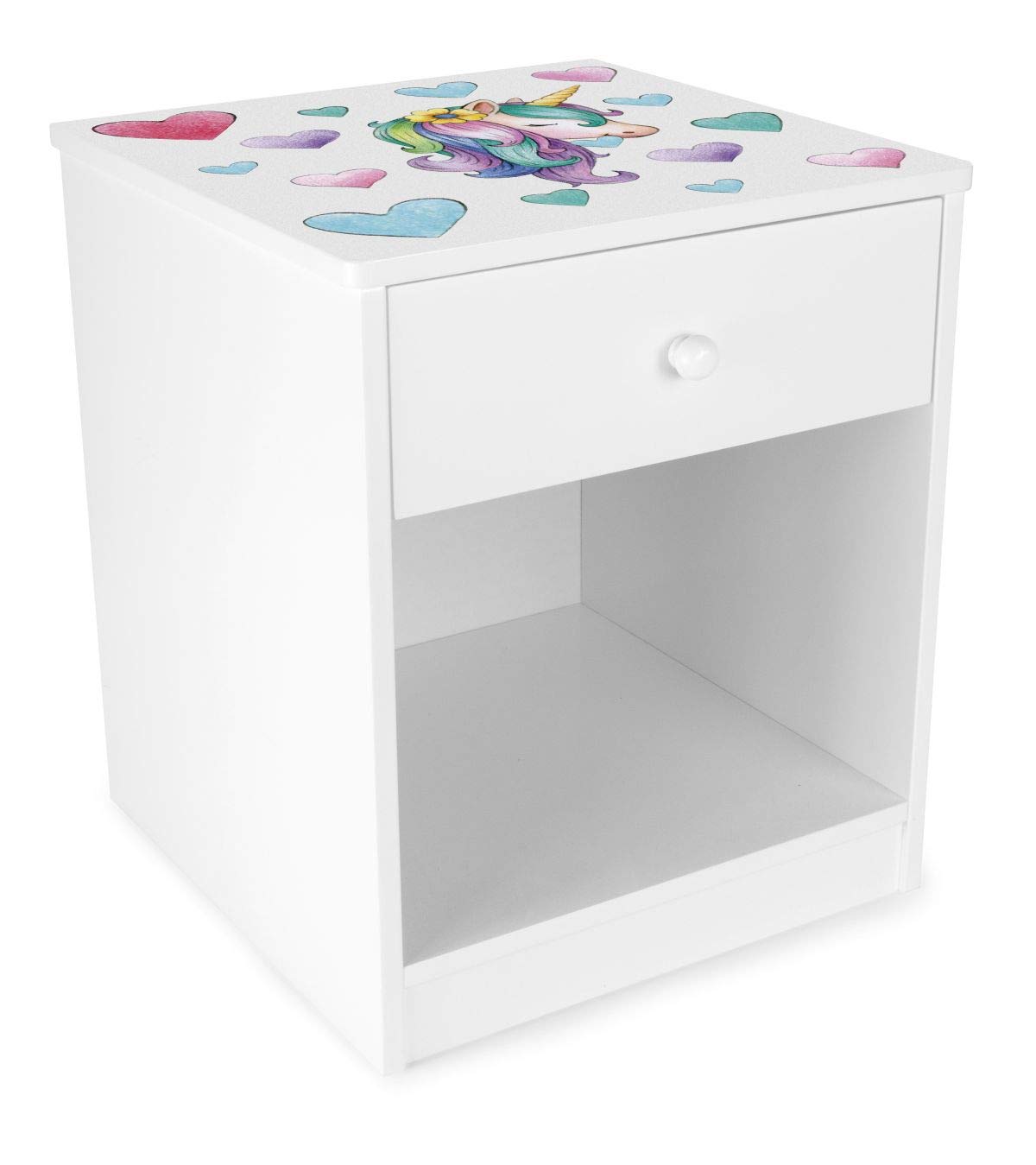 Leomark Chevet avec Un Tiroir Petite Commode de Nuit pour Enfant Blanc Table de Nuit casier avec 1 tiroir et 1 Niche Hauteur 40 cm Motif Licorne