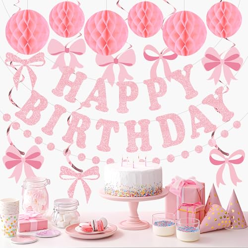 Image of Pink Bow Birthday Party Decorations Pink Glittery Happy Birthday Banner Garland Bow Hanging Swirls and Honeycomb Balls Coquette Birthdays Decor for Women Girls Birthdays Party Supplies