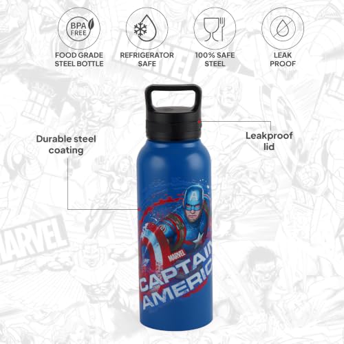 Image of CELLO Kidzbee Aqualoop 3D Captain America Design Stainless Steel Kids Water Bottle For Daily Use 790 ml, Blue | 3D Touch & Feel Print, Single Wall Fridge Safe Leakproof School Kids Water Bottle