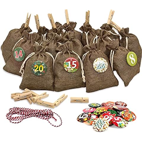 Advent Calendar Jute Bag for Filling and Hanging, 24 Fabric Bags for Gift Packaging, 2020 Christmas Gift Bag Decorative Chain for Filling Yourself, Jute Bag, 24 Numbers Buttons by DIY (Dark Brown) Cover