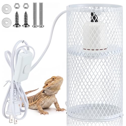 Image of VIHOSE 1 Pcs Reptile Heat Lamp Guard with 150W Ceramic Heat Emitter Basking Anti Scald Heating Lamp Holder Mesh Cage Reptile Protection Lampshade for Lizard Snake Without Bulb (4 Inch,White,White)