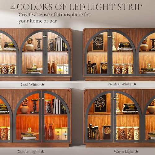 Image of Sideboard Buffet Cabinet with Storage, 68 inch Walnut Credenza Accent Cabinet Buffet Table w /4 Arched Glass Doors & LED Light, Modern Coffee Bar Liquor Cabinet w /2 Shelves for Kitchen Entryway