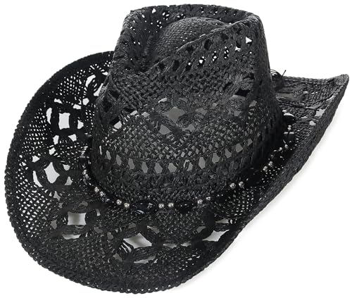 GEMVIE Turquoise Straw Cowboy Hat for Men Women Summer Western Cowgirl Hat Woven Hollow Out Wide Brim Hat/BlackA
