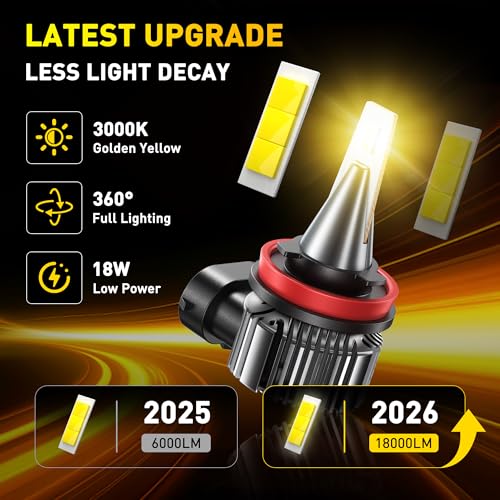 Image of AUXITO H8 /H11 /H16 3000K Golden Yellow LED Fog Light Bulbs 18000LM, 1000% Brighter Amber Fog Lights Kit, 1:1 OEM Replacement for Cars Trucks SUVs, 3-Min Install, IP68 Waterproof, Pack of 2