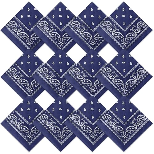 Suhine 12 Pcs Bandanas Bulk for Women Men 22 x 22 Inch Paisley Headband Cowboy Handkerchief Summer Beach Party Costume(Navy Blue)
