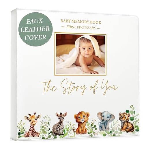 Baby Book Keepsake - Timeless Baby Memory Book for Boy or Girl I First 5 Year I Faux Leather, Gender Neutral, Safari Theme w/Gold Foil Stamp - Baby First Year Book Journal Scrapbook Photo Album Shower