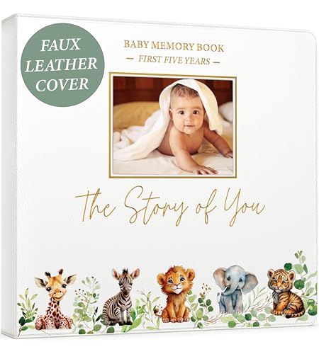 Image of Baby Book Keepsake - Timeless Baby Memory Book for Boy or Girl I First 5 Year I Faux Leather, Gender Neutral, Safari Theme w/Gold Foil Stamp - Baby First Year Book Journal Scrapbook Photo Album Shower
