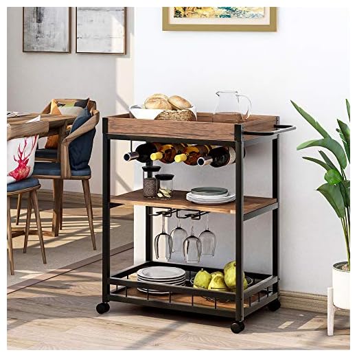 Dawns Serveringsvagn kökshylla med 3 hyllor, rullvagn köksvagn, serveringsvagn med hyllor köksvagn vagn metall med vinhylla industriell design kökshylla på hjul vintage (brun)