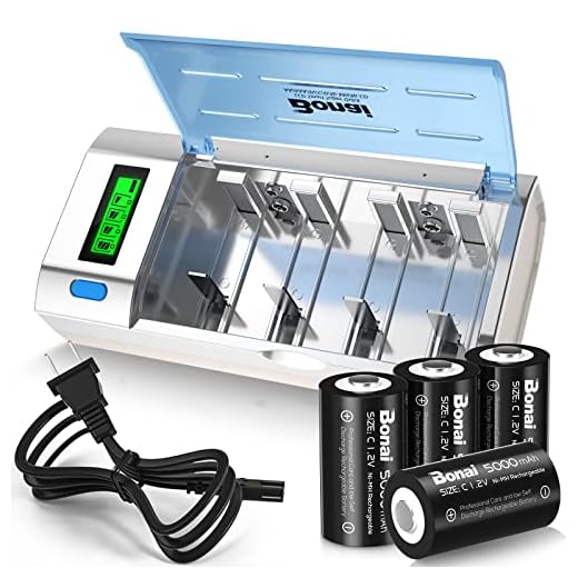 Rechargeable C Batteries with Charger,BONAI LCD Battery Charger for C D AA AAA 9V Ni-MH Ni-CD Rechargeable Batteries with 5000mAh C Rechargeable Cells (4-Counts)