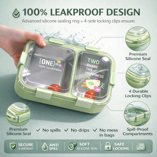 Image of KBV 2 Compartment Insulated Happiness Lunch Box BPA-Free Airtight Leakproof Dishwasher Safe Tiffin Box for Kids Boys & Girls Perfect for School Picnic Gifting (Green)