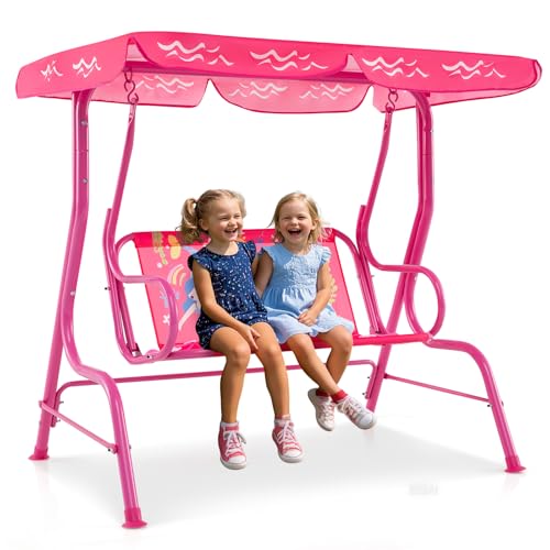COSTWAY Kinder Hollywoodschaukel, 2-Sitzer Kinderschaukel mit verstellbarem Sonnendach & Metallgestell, Gartenschaukel mit Sicherheitsgurten,...