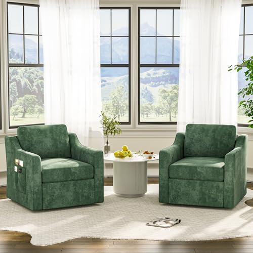 LegacyAmerhome 360° Swivel Accent Chair Set of 2, Large Comfy Reading Chairs, Accent Square Single-seat Armchair Upholstered Sofa for Reading, Nursery, Living Room, Bedroom, Lounge, Hotel, Green