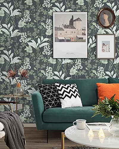 CiCiwind Peel and Stick Wallpaper Floral Self Adhesive Contact Paper Navy 39.5×300cm Green Leaf White Fruits Wallpaper Removable Vinyl Wallpaper Sticky Back Plastic for Wall Furniture Decor