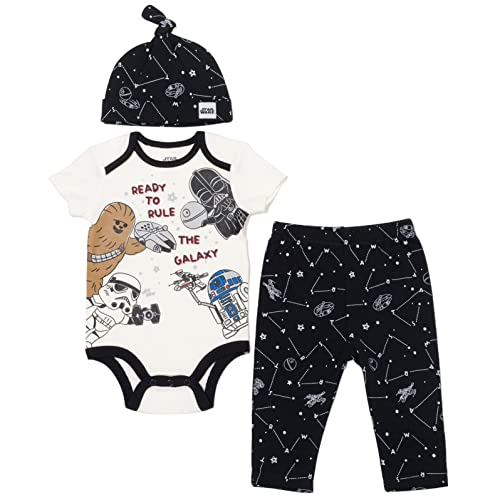 Image of STAR WARS Millennium Falcon Chewbacca Darth Vader Baby 3 Piece Outfit Set: Cuddly Bodysuit Pants Hat Newborn to Infant