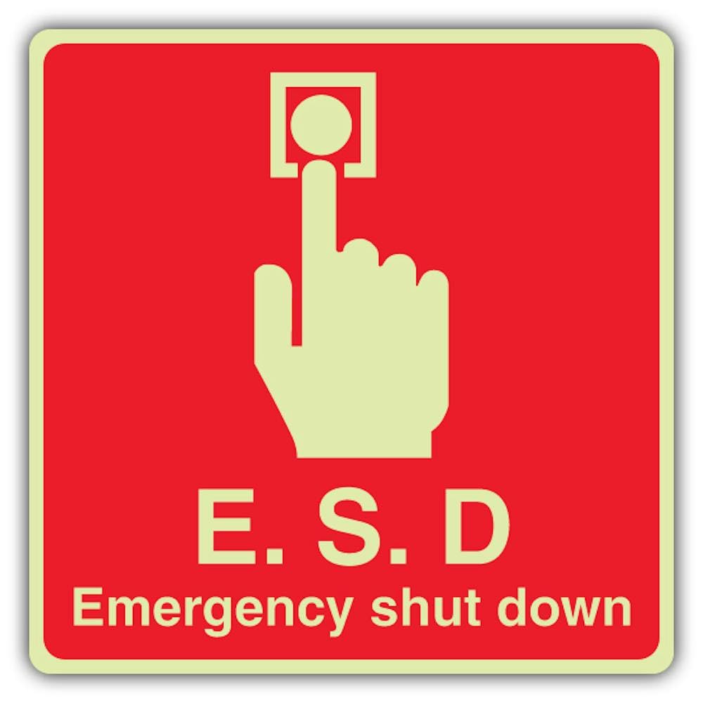 V Safety Photoluminescent E. S. D Emergency Shut Down - Square Safety Sign - 150 x 150 mm - 1.2mm Rigid Plastic - Triple Glow