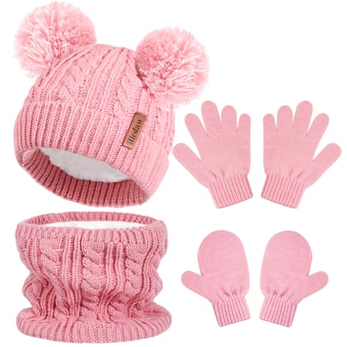 Hicdaw Kids Winter Hats Gloves Scarf Set Kids Mittens Double Pompom Cap Fleece Lined Toddler Beanie Hat for Boy Girl