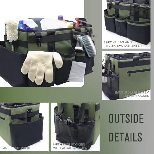 Wearable Cleaning Caddy Organizer with Handle & Shoulder Straps for Housekeepers, Under Sink & Car Cleaning Tool Organizer Bag with 4 Foldable Dividers (Green)