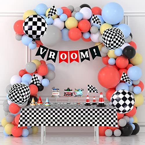 Race Balloon Garland Arch Kit Pastel Coral Gray Yellow Baby Blue Black White Balloons with Checkered Foil Balloons Tablecloth Flag Banner for Car Sports Birthday Baby Shower Decorations Party Supplies
